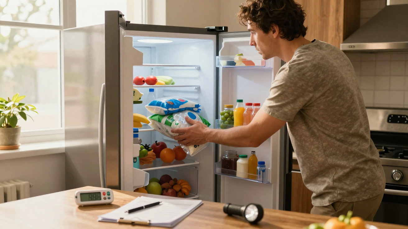 Mann nimmt Tiefkühlprodukte aus offenem Kühlschrank in heller Küche mit Holzarbeitsplatte.