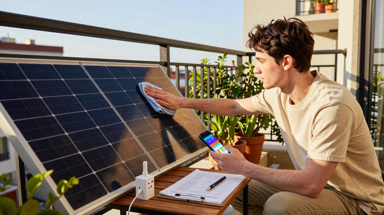 Junger Mann reinigt Solarzelle auf Balkon und überprüft Daten auf Smartphone bei Tageslicht.