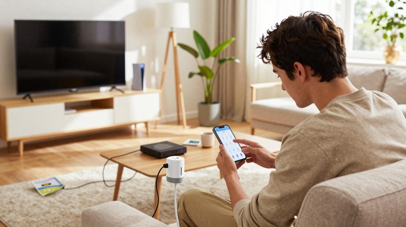 Junger Mann bedient Smart-Home-Gerät im Wohnzimmer mit Smartphone auf dem Sofa sitzend.