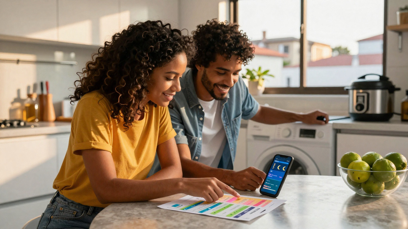 Junges Paar plant gemeinsam im hellen Wohnzimmer und schaut auf einen Smartphone-Bildschirm.