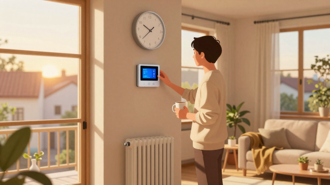 Person bedient Wandthermostat im hellen Wohnzimmer bei Sonnenaufgang mit Uhr und Heizung an der Wand.