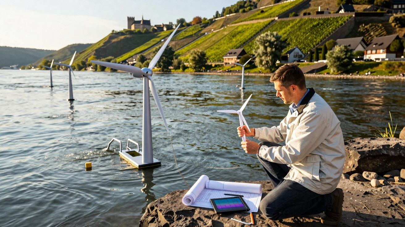 Mann überprüft Windkraftmodell am Flussufer vor Weinbergen und Burg im Sonnenlicht.