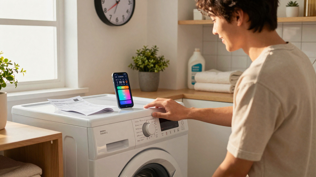 Junge bedient Waschmaschine in hellem Waschraum mit Smartphone auf der Maschine und Handtüchern im Hintergrund.
