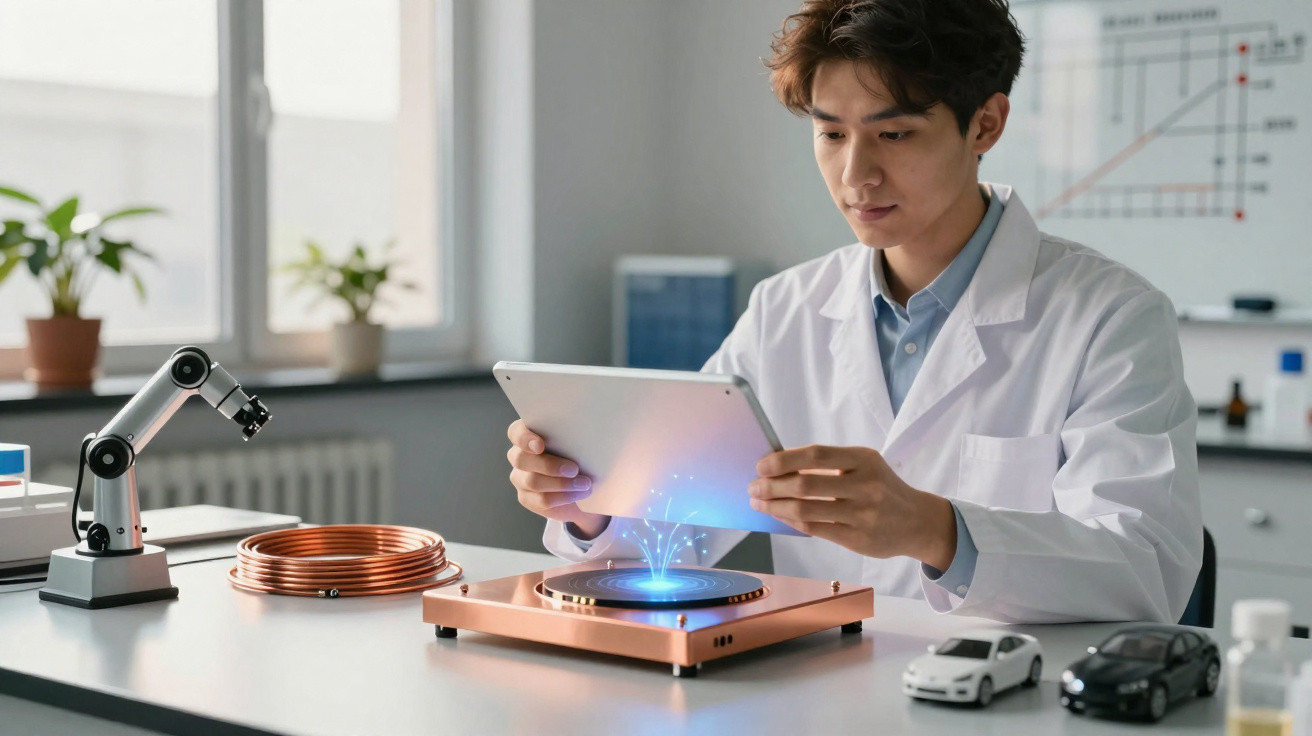 Junger Wissenschaftler in Labor mit Tablet und holografischem technischen Gerät auf Schreibtisch.