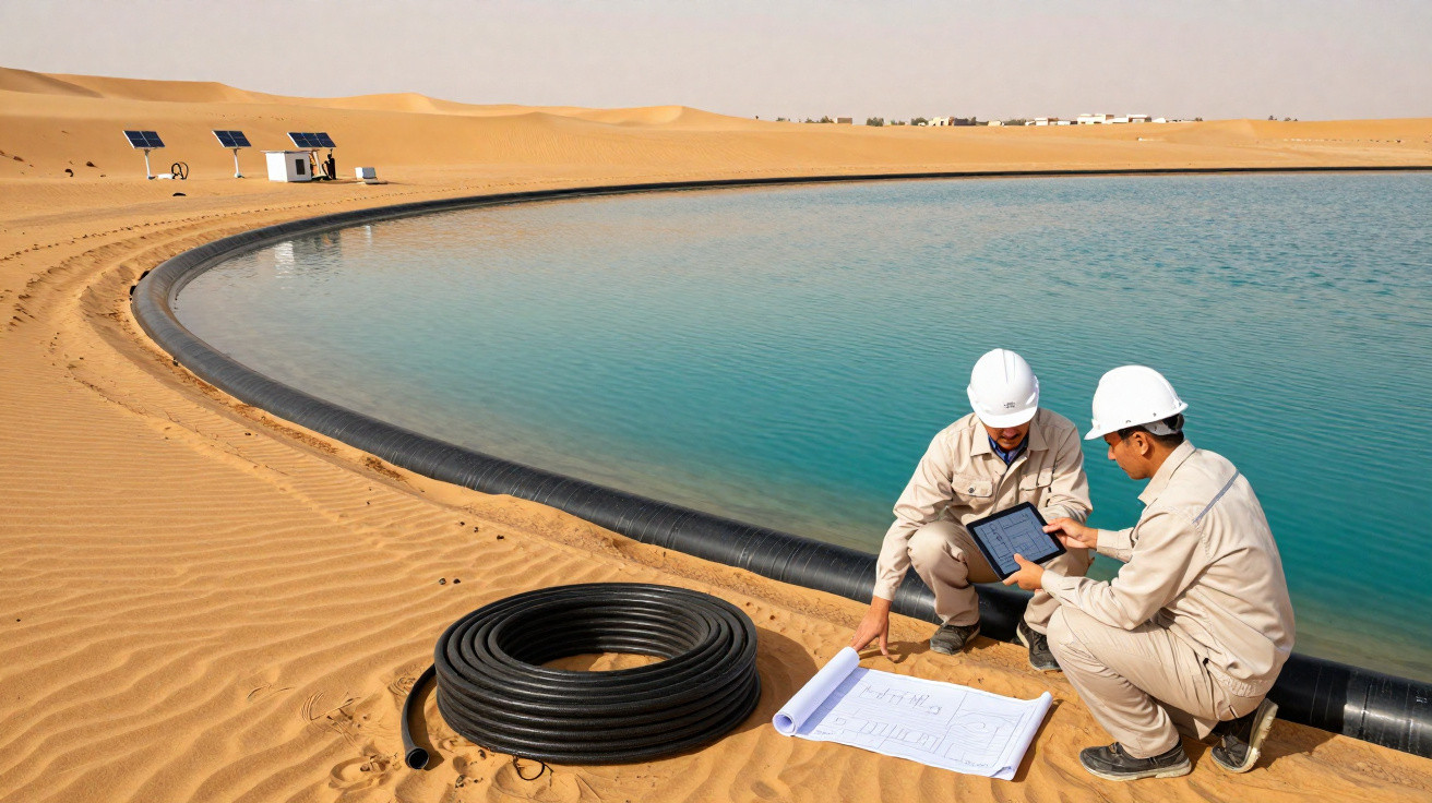 Zwei Ingenieure mit Schutzhelmen prüfen Pläne und Tablet am Rand eines Wasserreservoirs in der Wüste.