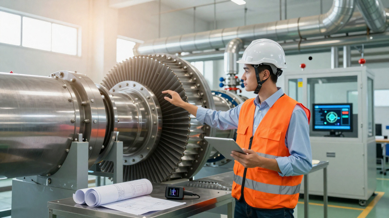 Ingenieur mit Schutzhelm und Tablet untersucht eine große Industrieturbine in einer Werkstatt.