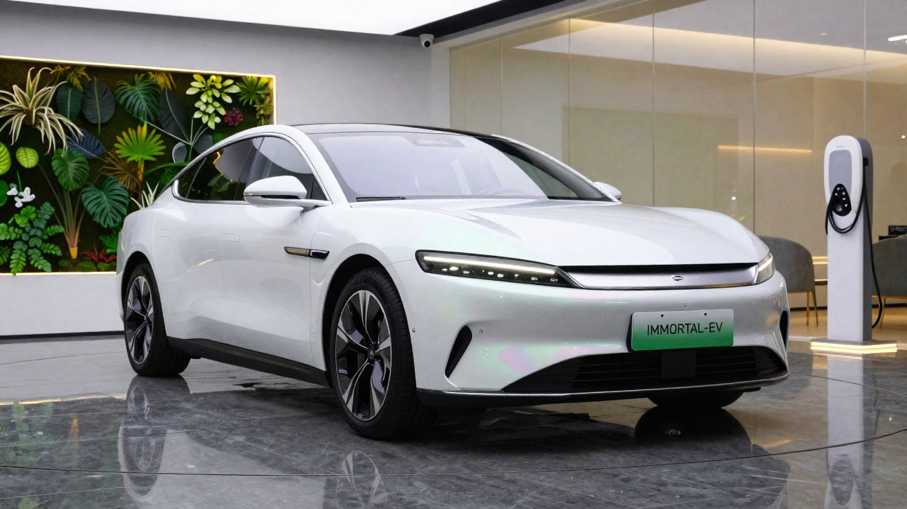 Weißes Elektroauto IMMORTAL-EV in modernem Showroom mit grüner Pflanzenwand und Ladestation im Hintergrund.