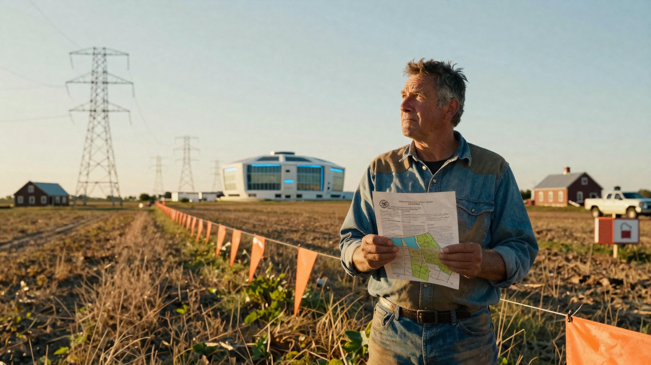 Mann hält Karte auf einem Feld mit elektrischen Strommasten und futuristischem Gebäude im Hintergrund.