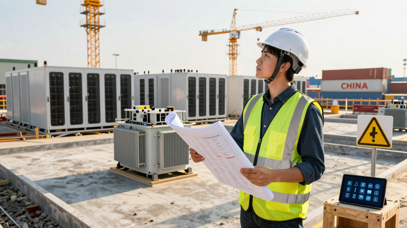 Bauarbeiter mit Helm und Warnweste hält Baupläne vor technischen Anlagen auf einer Baustelle bei Sonnenlicht.