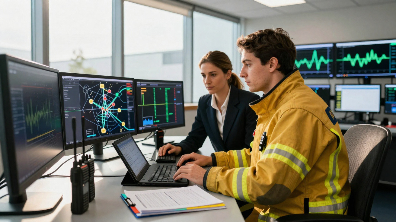 Zwei Fachleute, eine in Feuerwehrjacke, arbeiten konzentriert an Computern mit Daten und Kommunikationsgeräten.