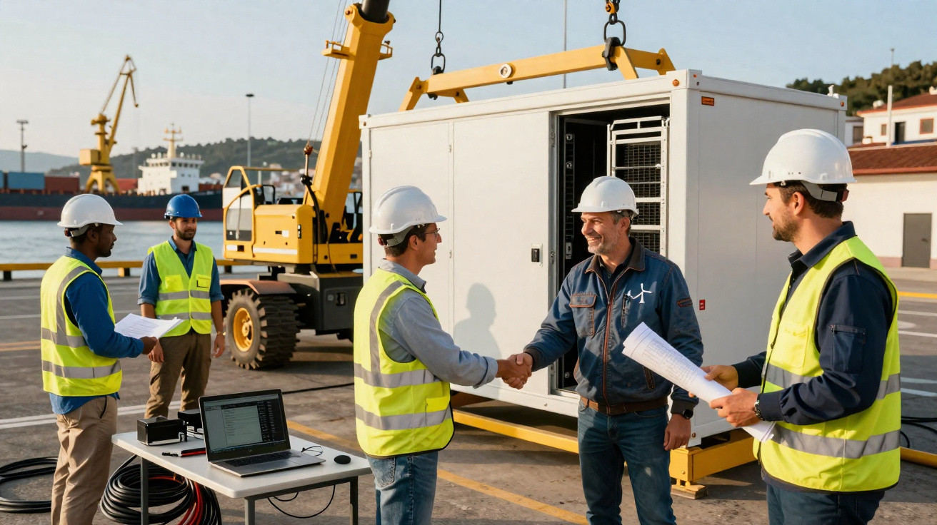 Fünf Arbeiter mit Schutzhelmen und Warnwesten am Hafen bei Baustellenbesprechung und Handschlag