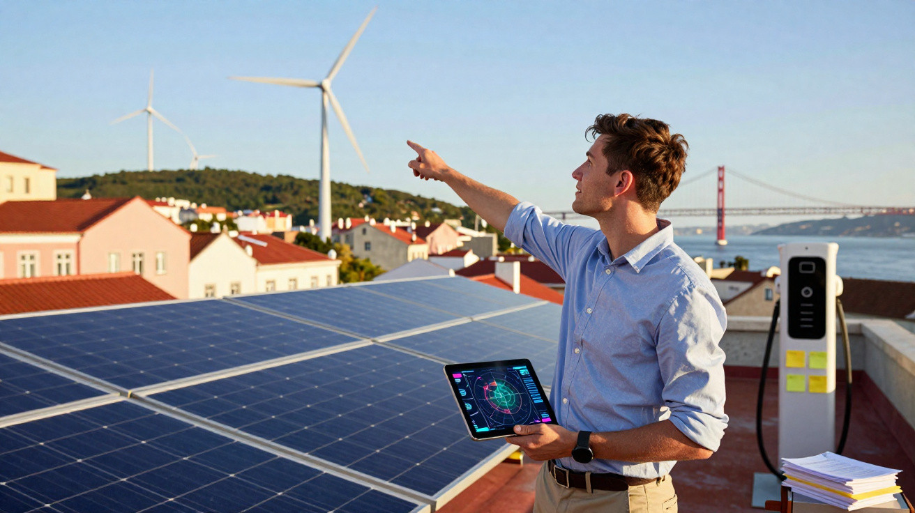 Mann mit Tablet zeigt auf Windräder neben Solarpanels auf Dach mit Elektroauto-Ladestation und Brücke im Hintergrund.