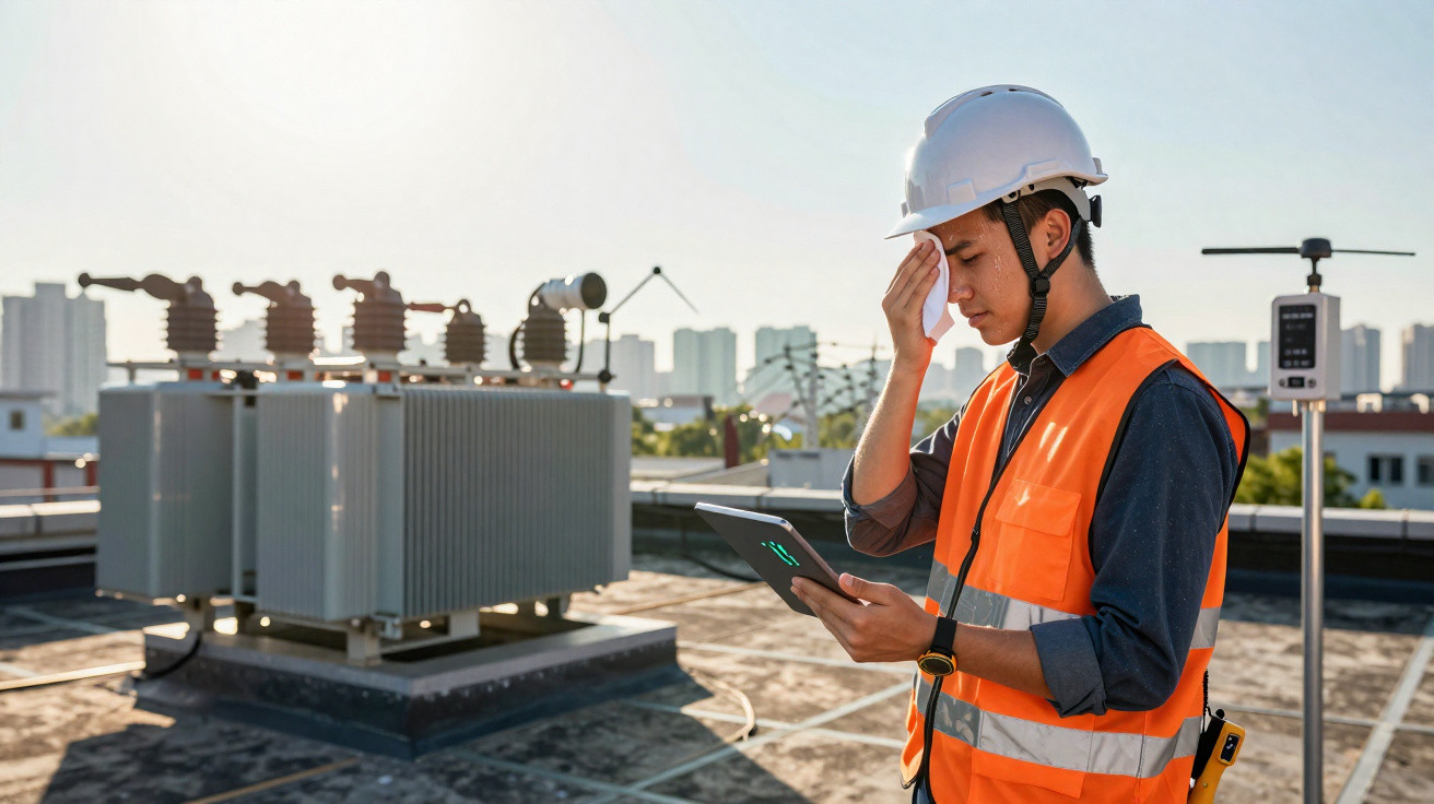 Techniker mit Helm und Warnweste steht besorgt auf Dach neben elektrischen Transformatoren.