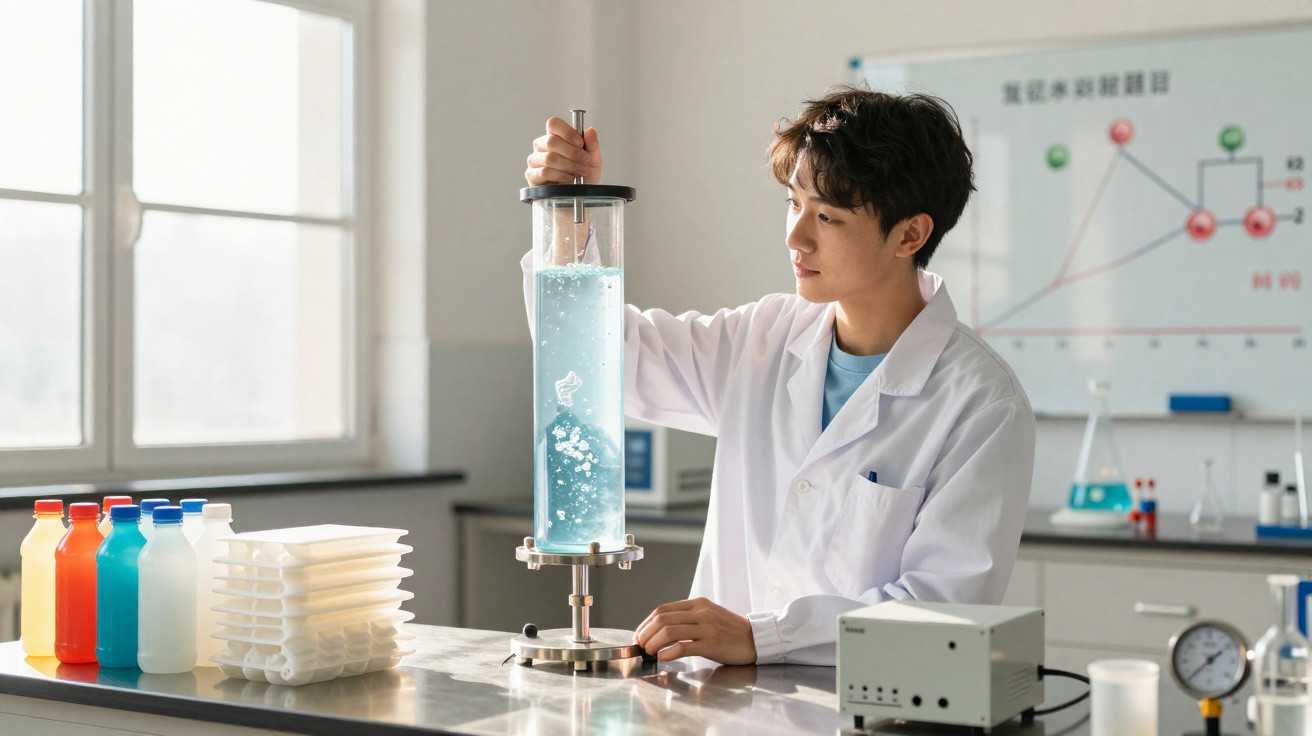 Junger Wissenschaftler in weißem Kittel hebt Gerät mit blauer Flüssigkeit in modernem Labor hoch.