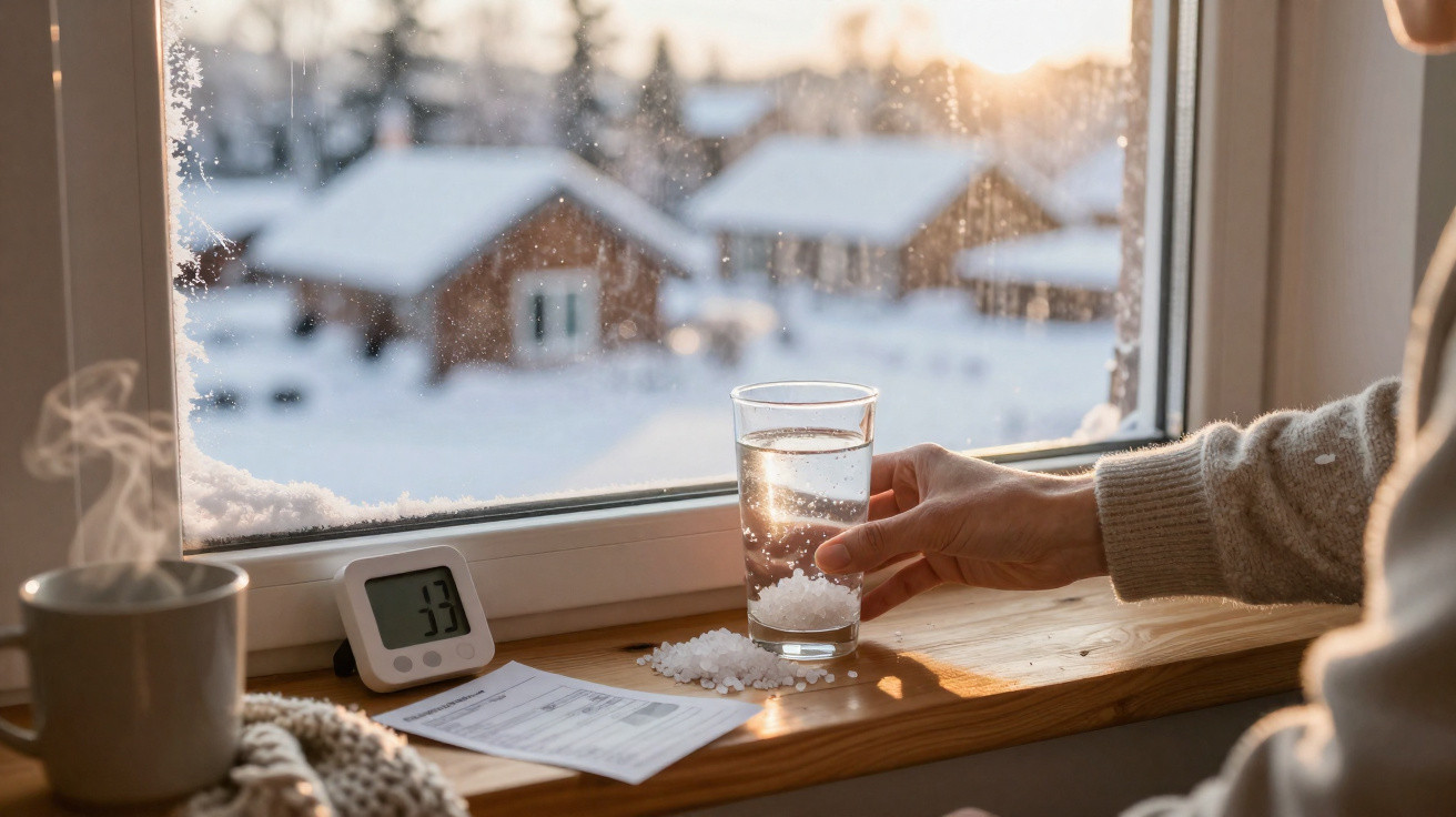 Hand hält Glas mit Schmelzwasser an Fensterbank, draußen schneebedeckte Häuser und Kälteanzeigen 3,3 Grad.