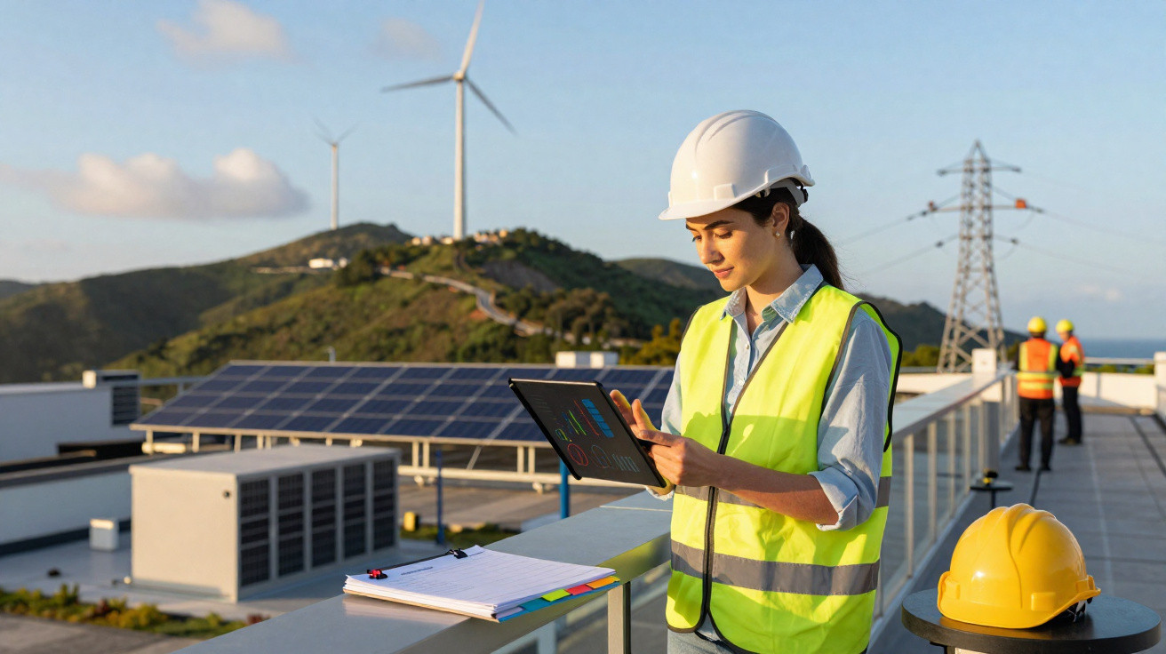 Ingenieurin mit Schutzhelm und Warnweste prüft Tablet auf Dach mit Solarpanel, Windrad und Strommasten im Hintergrund.
