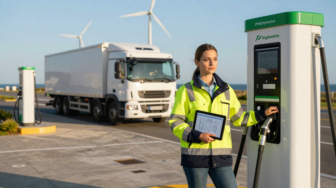 Frau in Warnjacke bedient Wasserstofftankstelle, LKW und Windräder im Hintergrund bei Tageslicht.