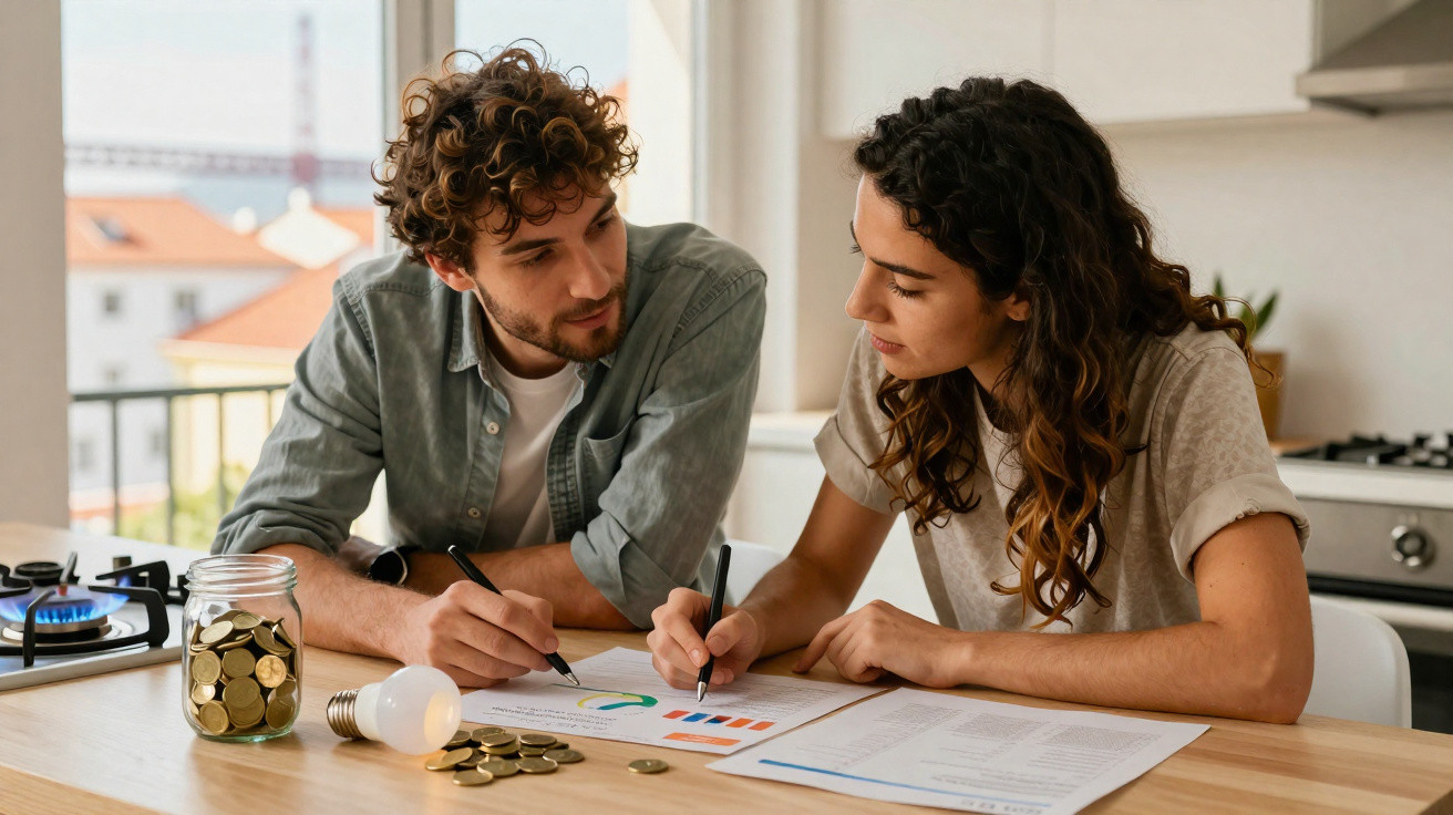 Junges Paar analysiert Finanzdokumente am Küchentisch mit Sparglas, Münzen und Glühbirne.