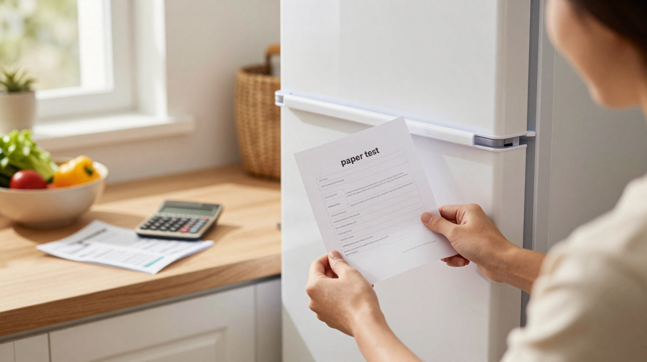 Person heftet ein Blatt mit dem Titel „paper test“ an einen weißen Kühlschrank in der Küche.