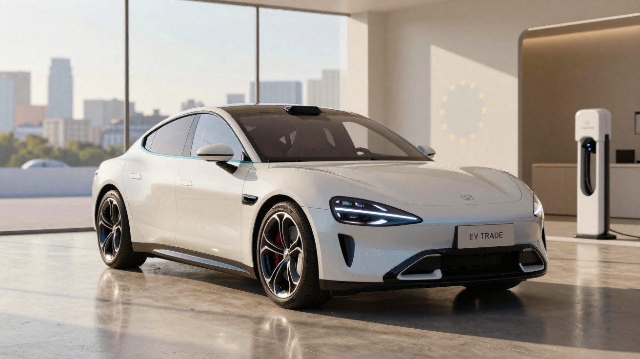 Weißes Elektroauto in modernem Showroom vor großer Fensterfront mit Stadtsilhouette im Hintergrund.
