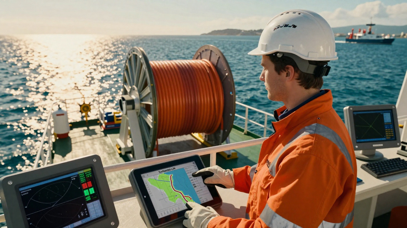 Mitarbeiter in Schutzhelm und Overall überwacht Navigationsbildschirm auf Offshore-Schiff mit Kabeltrommel im Hintergrund.