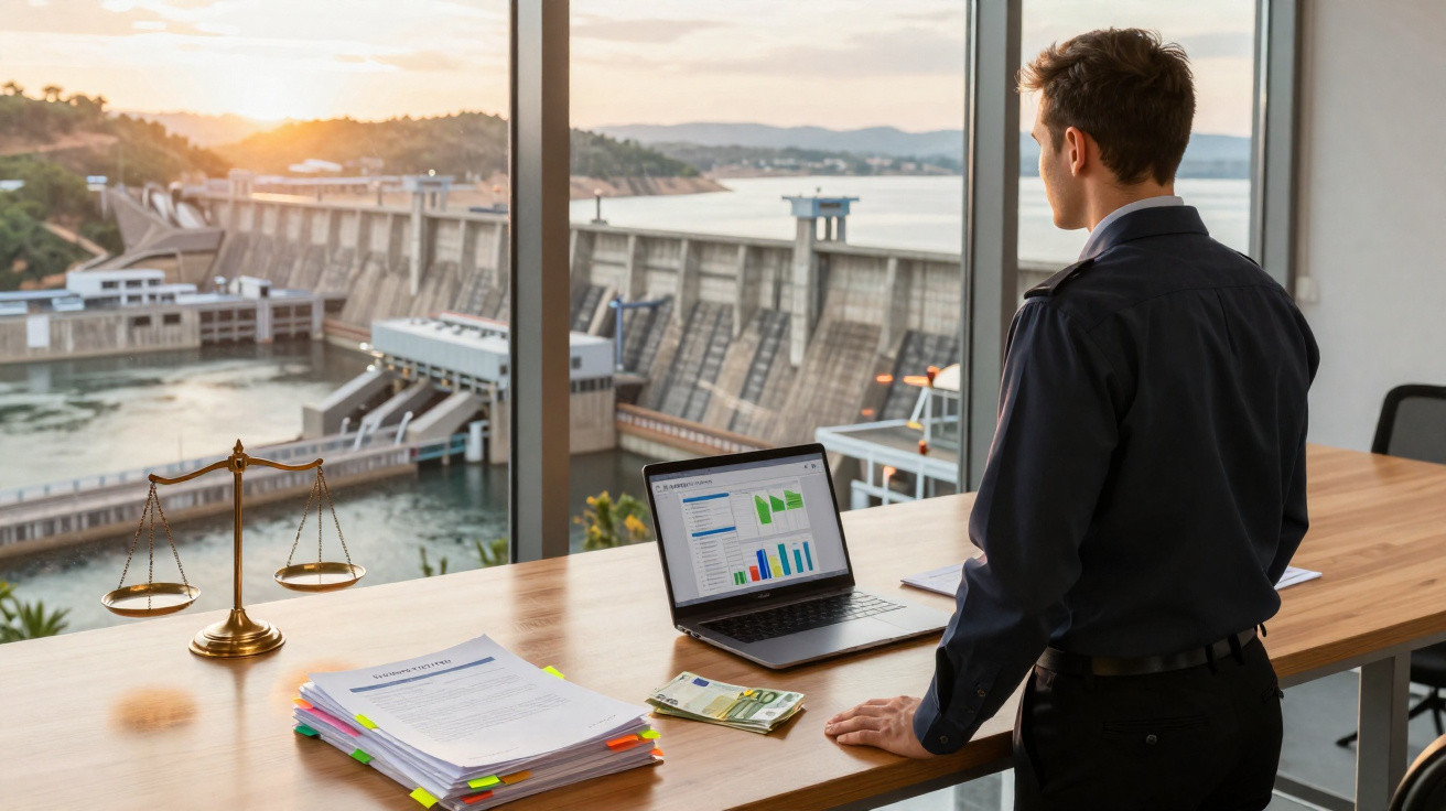 Mann im Büro mit Laptop, Dokumenten und Geld vor großen Fenstern mit Blick auf Wasserkraftwerk bei Sonnenuntergang.