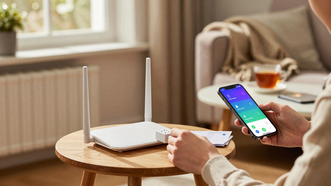 Person hält Smartphone vor WLAN-Router auf Holztablett in gemütlichem Wohnzimmer mit Tee und Sofas.
