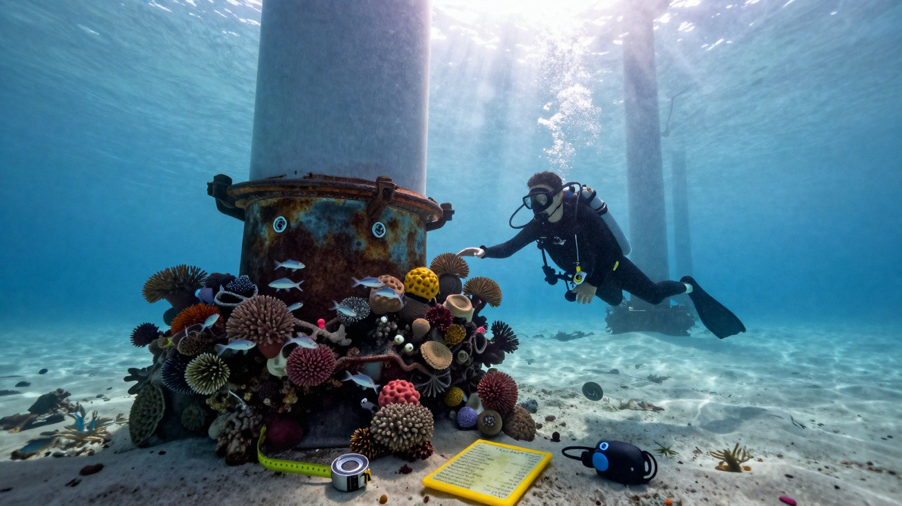 Taucher erkundet Korallenriff an einer Unterwasserstruktur mit bunten Korallen und Fischen.