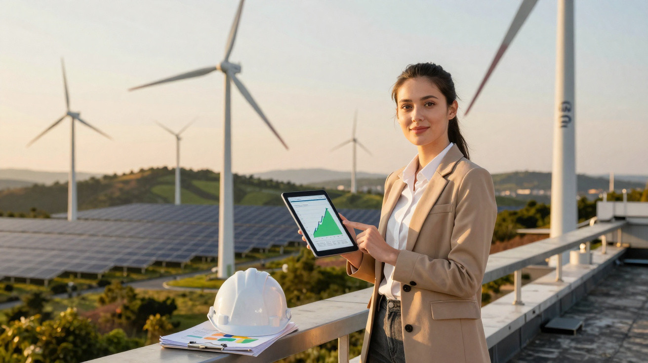 Frau mit Tablet vor Windrädern und Solarpanels auf Dach, nachhaltige Energie und erneuerbare Ressourcen.