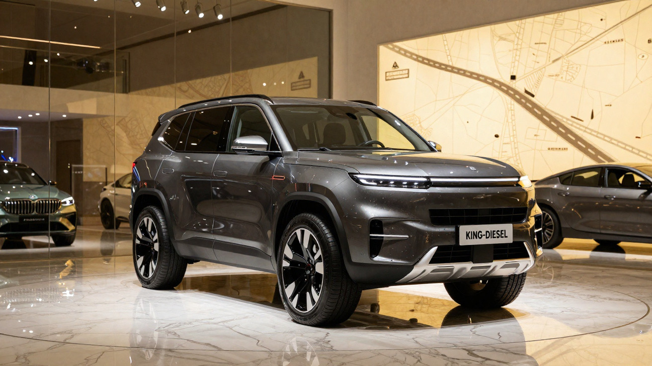 Grauer King-Diesel SUV im modernen Ausstellungsraum mit glänzendem Marmorboden und großen Fenstern.