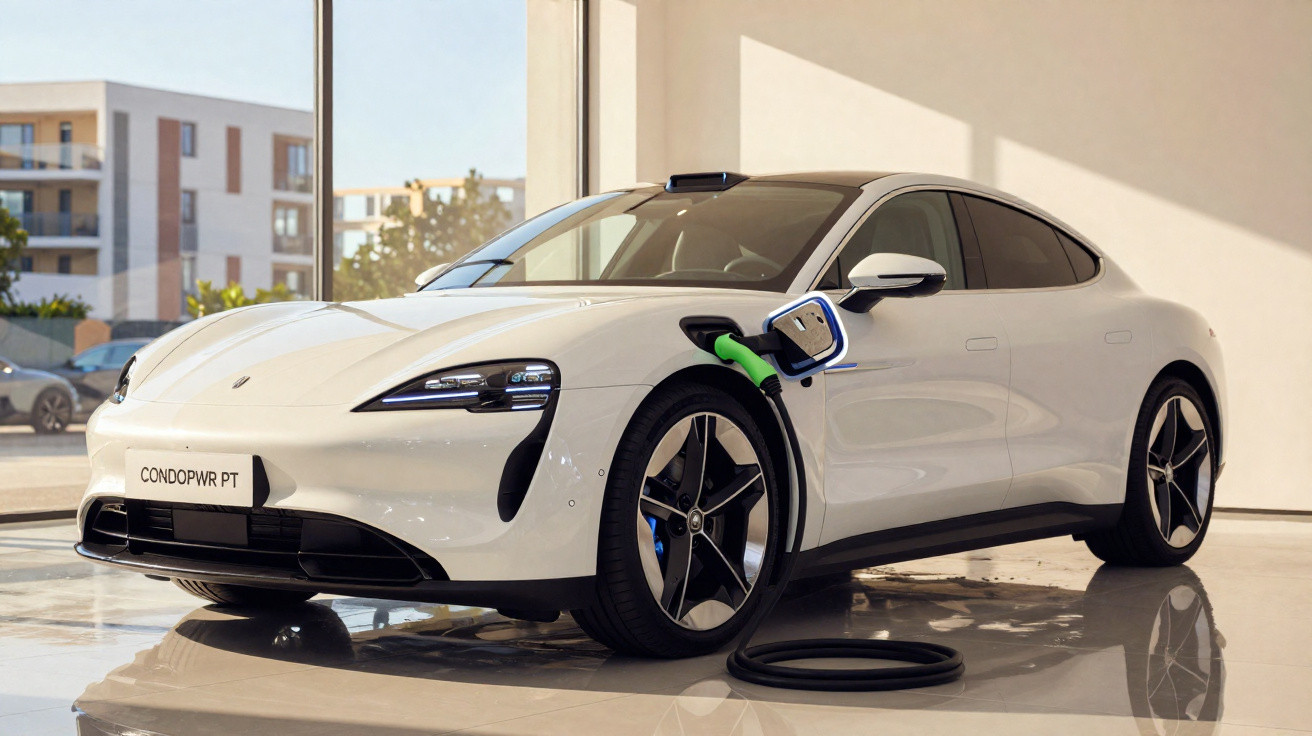 Weißes Elektroauto lädt an Ladestation in modernem Showroom mit großen Fenstern und Stadtblick.