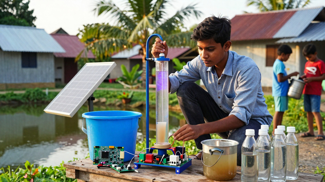 Junge bedient Wasserfilter mit Solarpanel in ländlichem Gebiet, im Hintergrund spielen Kinder mit Wasserbehältern.