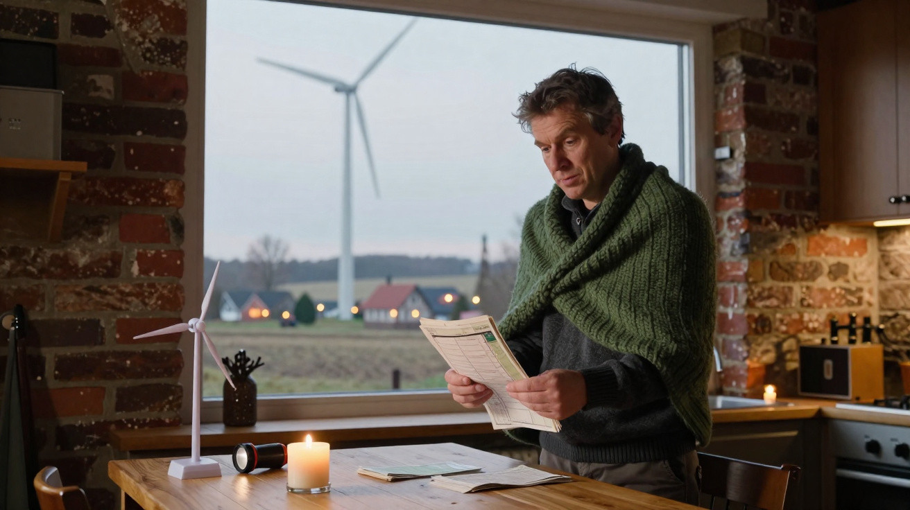 Mann mit grünem Umhang liest Rechnung bei Kerzenschein in Küche mit Ausblick auf Windrad und Dorf.