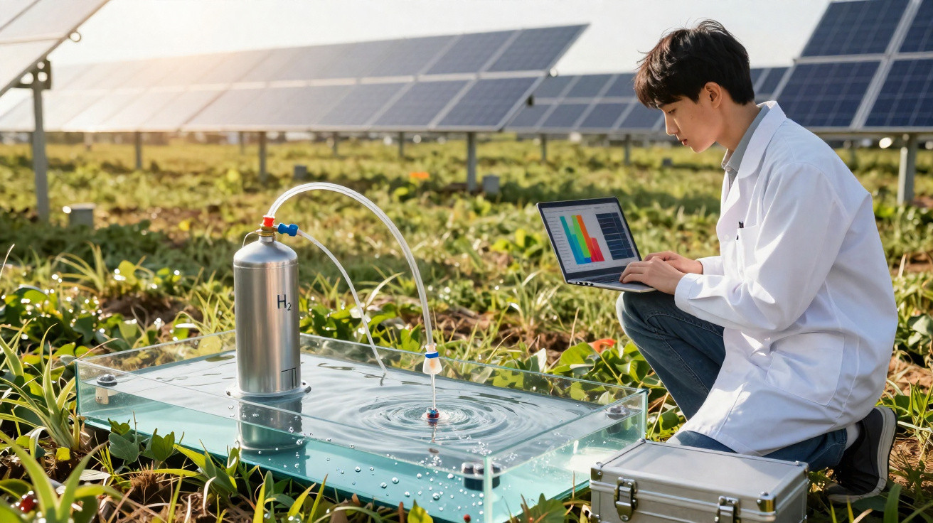 Forscher im weißen Kittel analysiert Wasserversuch mit Wasserstoffgenerator vor Solarpanels im Freien.