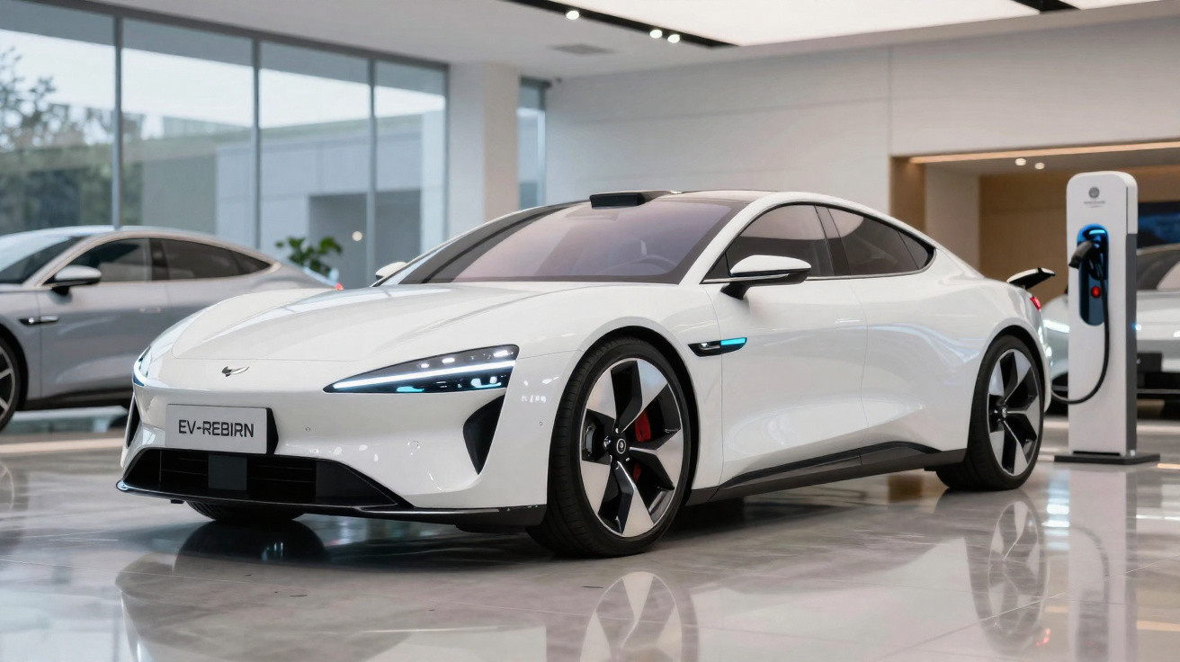 Weißes Elektroauto mit LED-Scheinwerfern beim Laden an einer Ladestation in modernem Showroom