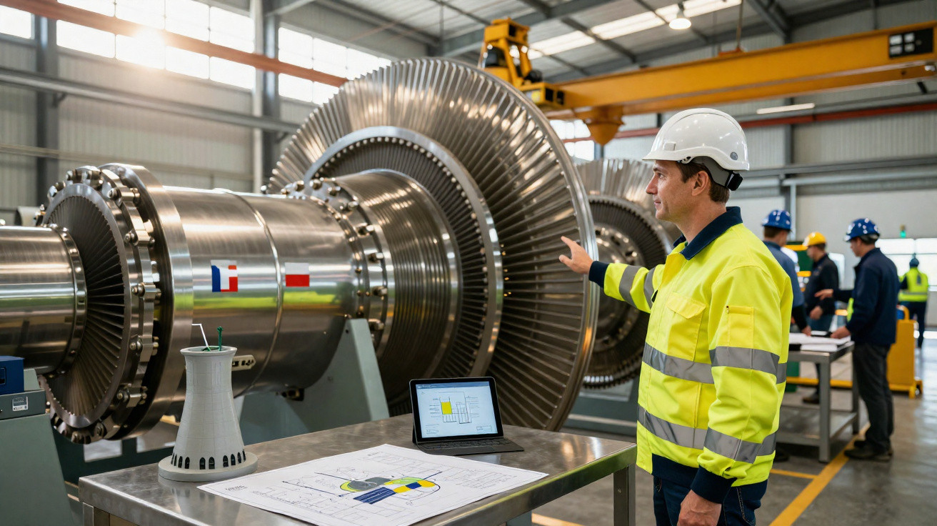 Techniker im Schutzhelm untersucht große Industrieturbinenteile in einer Werkhalle mit Plan und Laptop.