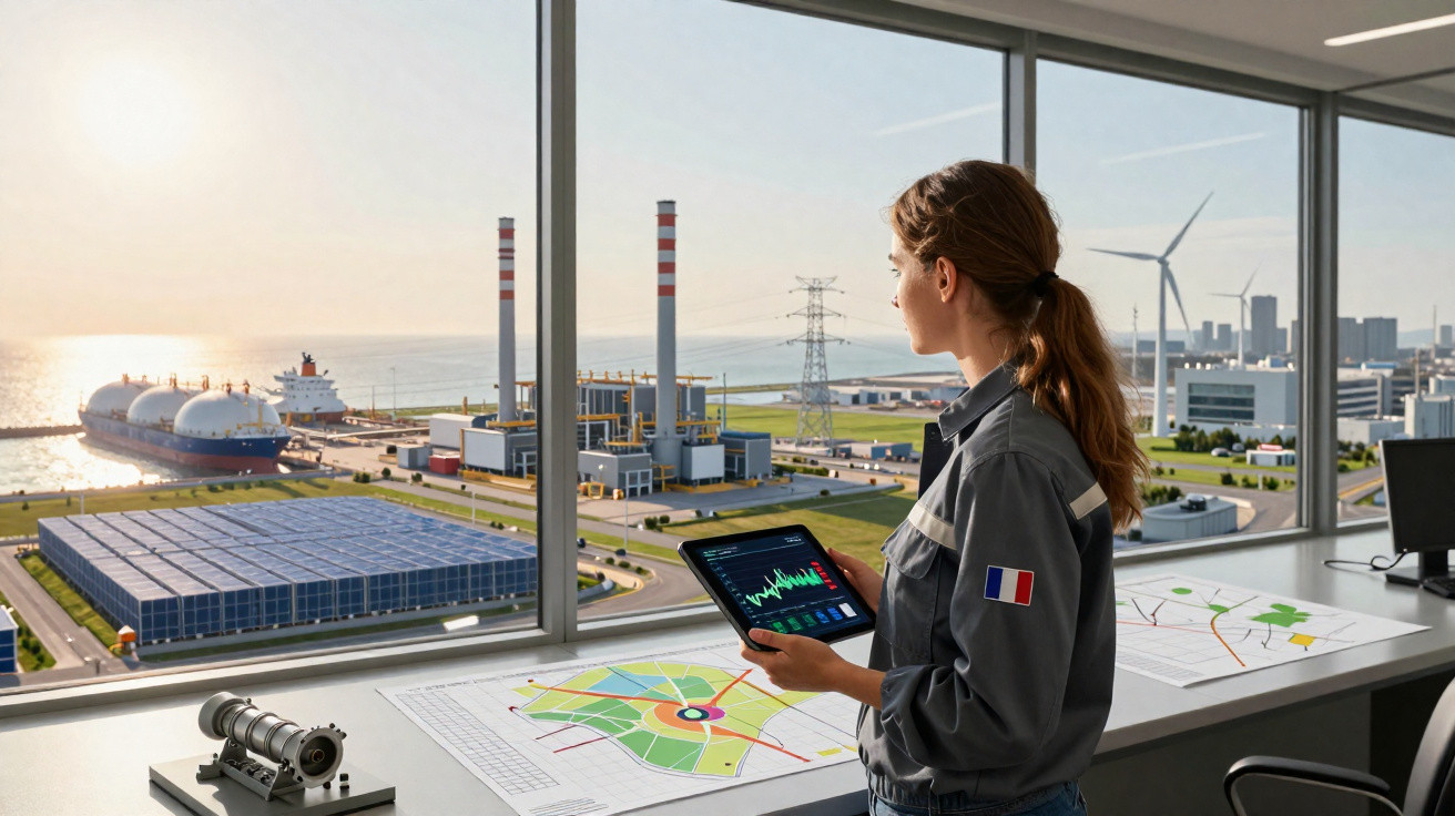 Frau mit Tablet in Kontrollraum blickt auf Hafen, Industrieanlage und Windräder bei Sonnenuntergang.