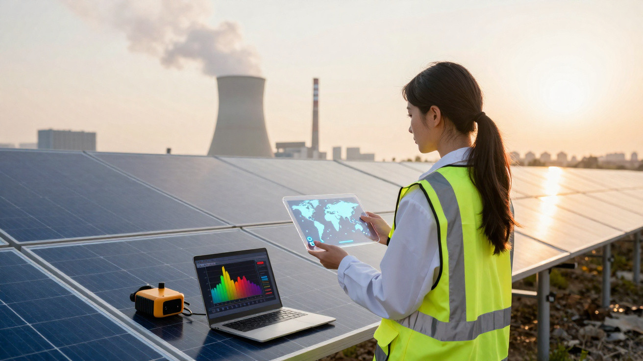 Ingenieurin mit Tablet und Laptop überwacht Solarpanels vor Industrie-Kühlturm bei Sonnenuntergang.