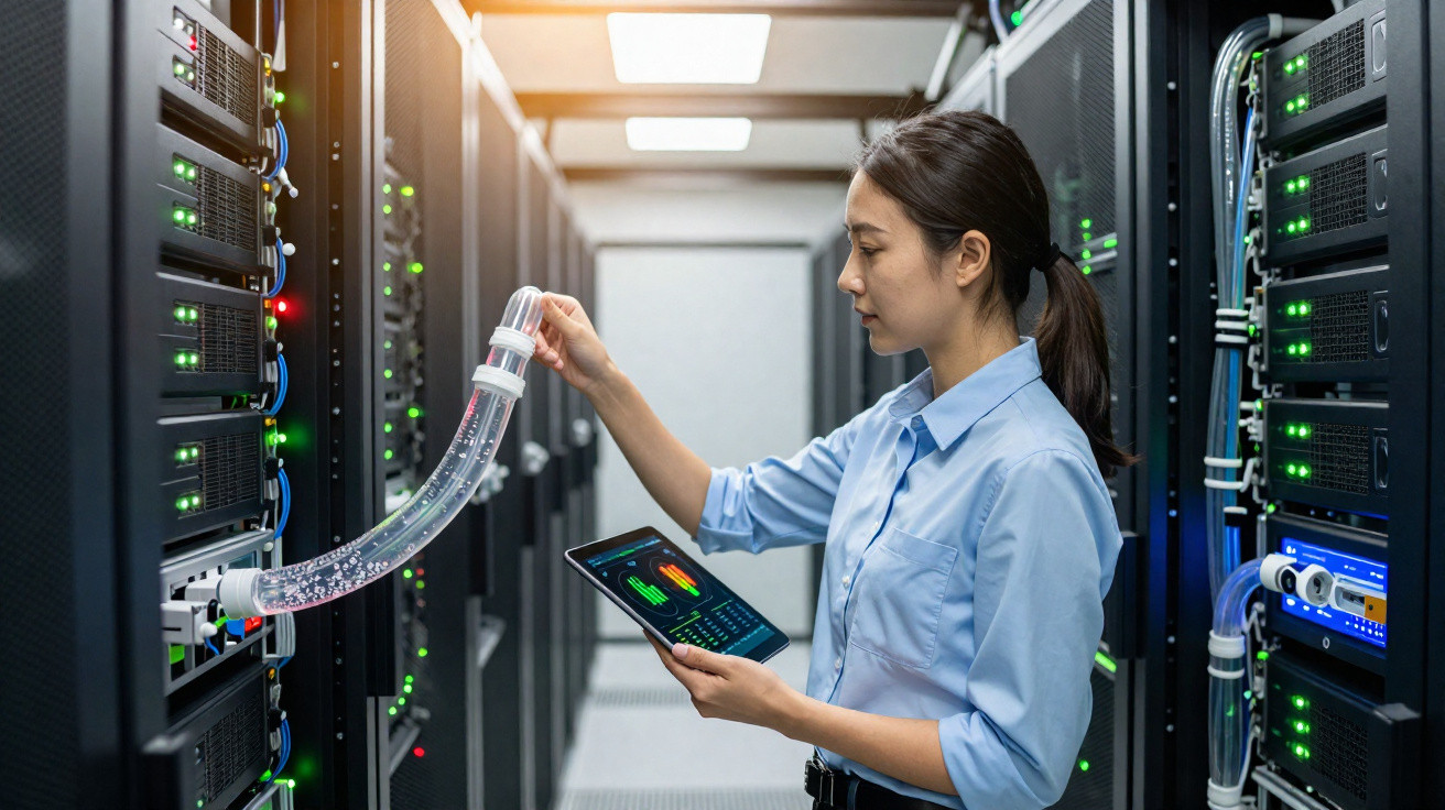 Frau überprüft Kühlungssystem eines Servers in einem Rechenzentrum mit Tablet in der Hand.