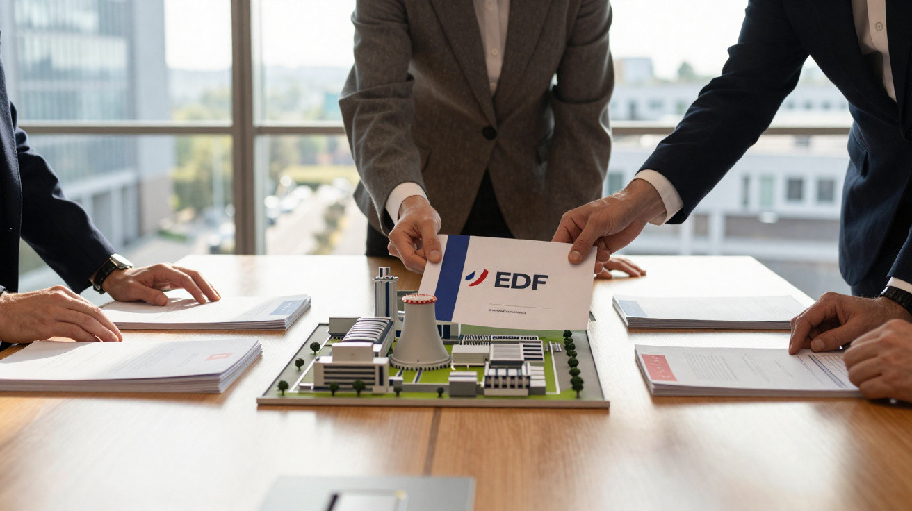 Geschäftsleute diskutieren Modell einer Anlage und halten papier mit EDF-Logo in modernem Büro mit Stadtblick.