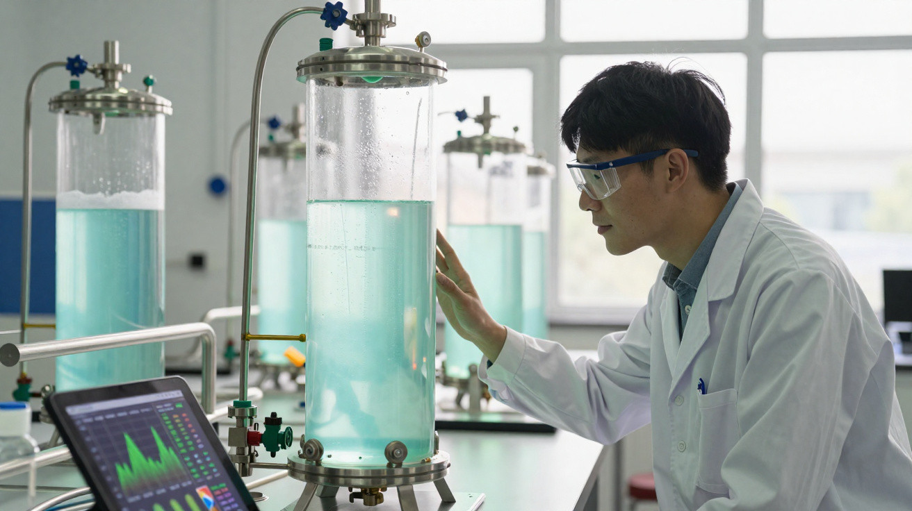 Wissenschaftler im Labor untersucht transparenten Zylinder mit blauem Flüssigkeitsgemisch und Laptop mit Diagrammen