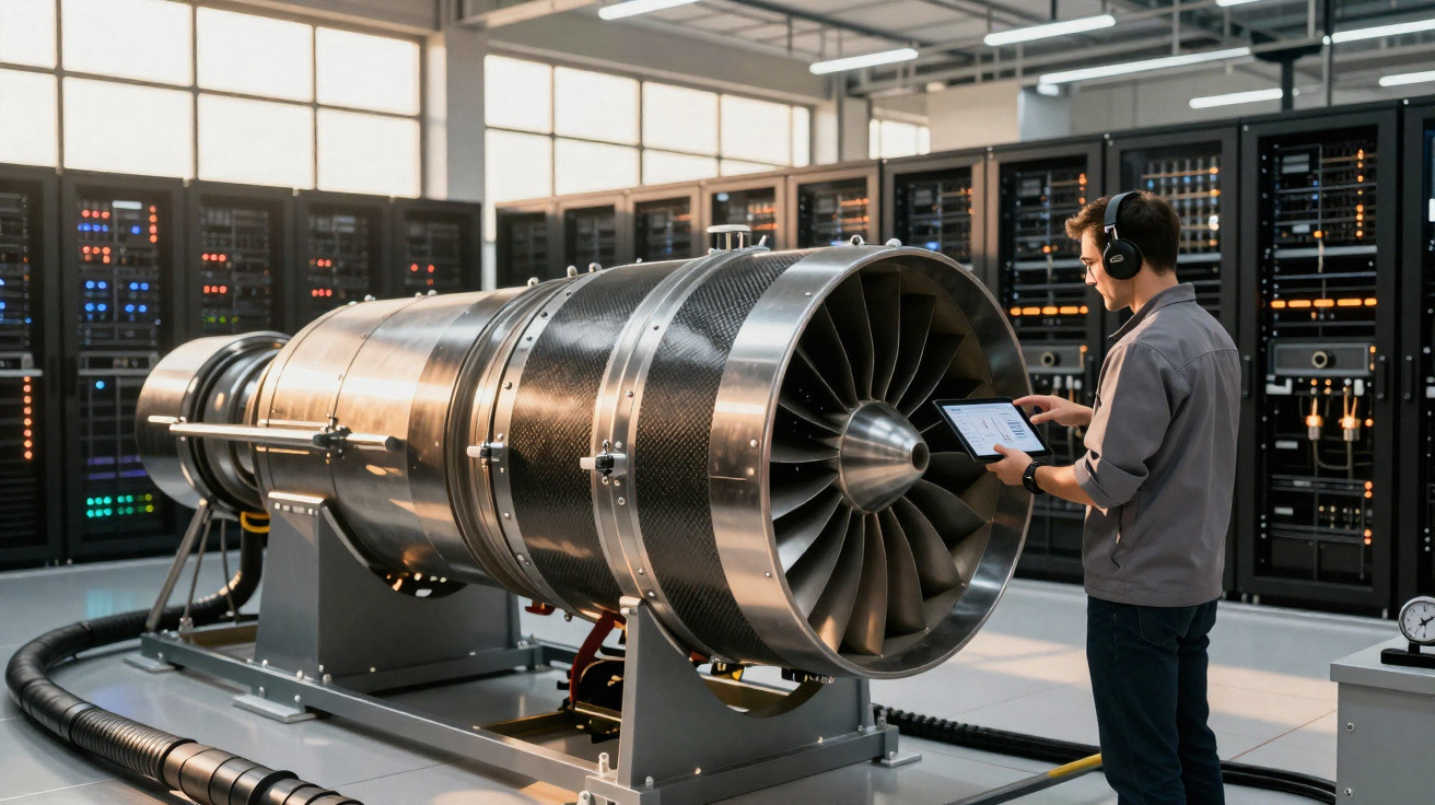 Ingenieur überprüft mit Tablet und Kopfhörern eine große Triebwerksmaschine in einem Serverraum.