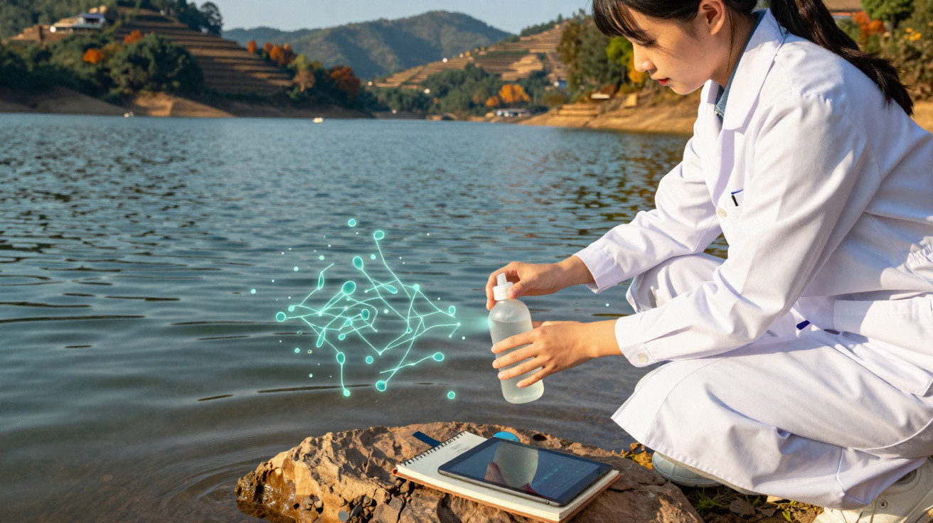 Wissenschaftlerin in weißem Kittel sammelt Wasserprobe an See mit digitalem Tablet auf Felsen am Ufer.
