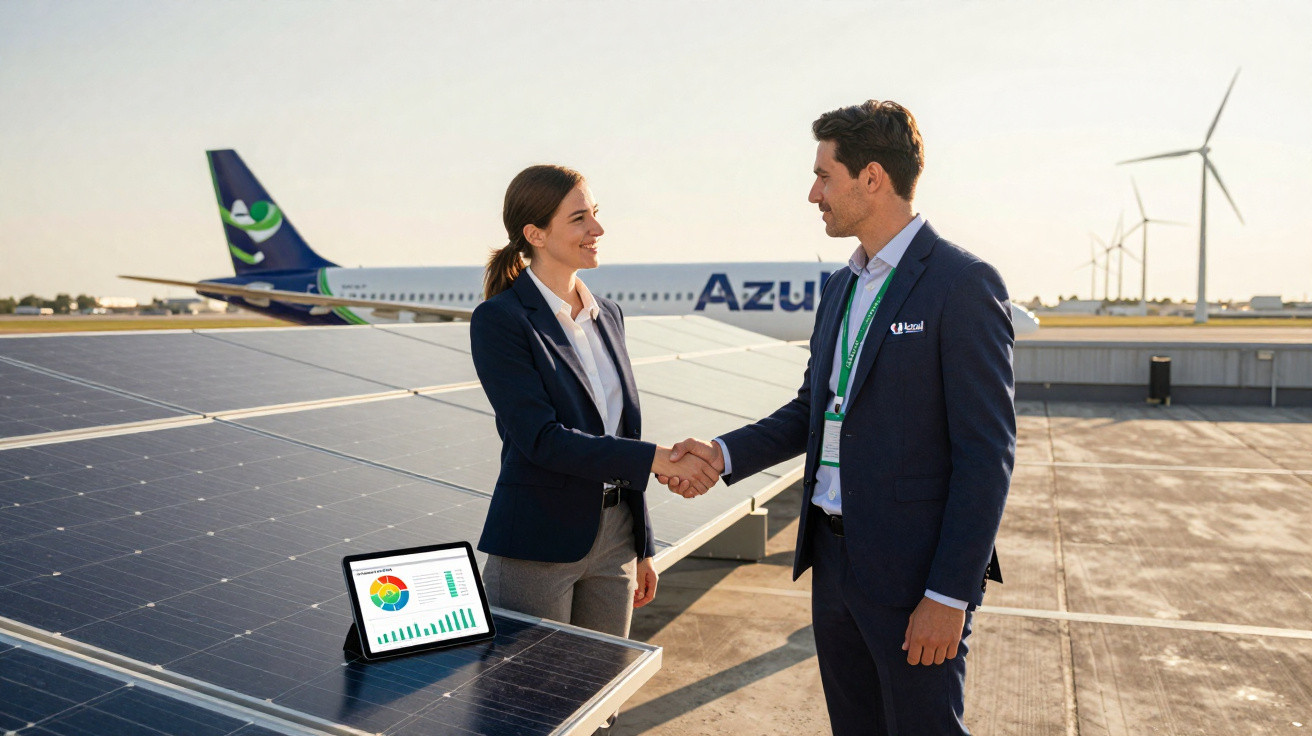Zwei Personen schütteln sich auf einem Dach mit Solarpaneelen und Windrädern vor Flugzeug die Hand.