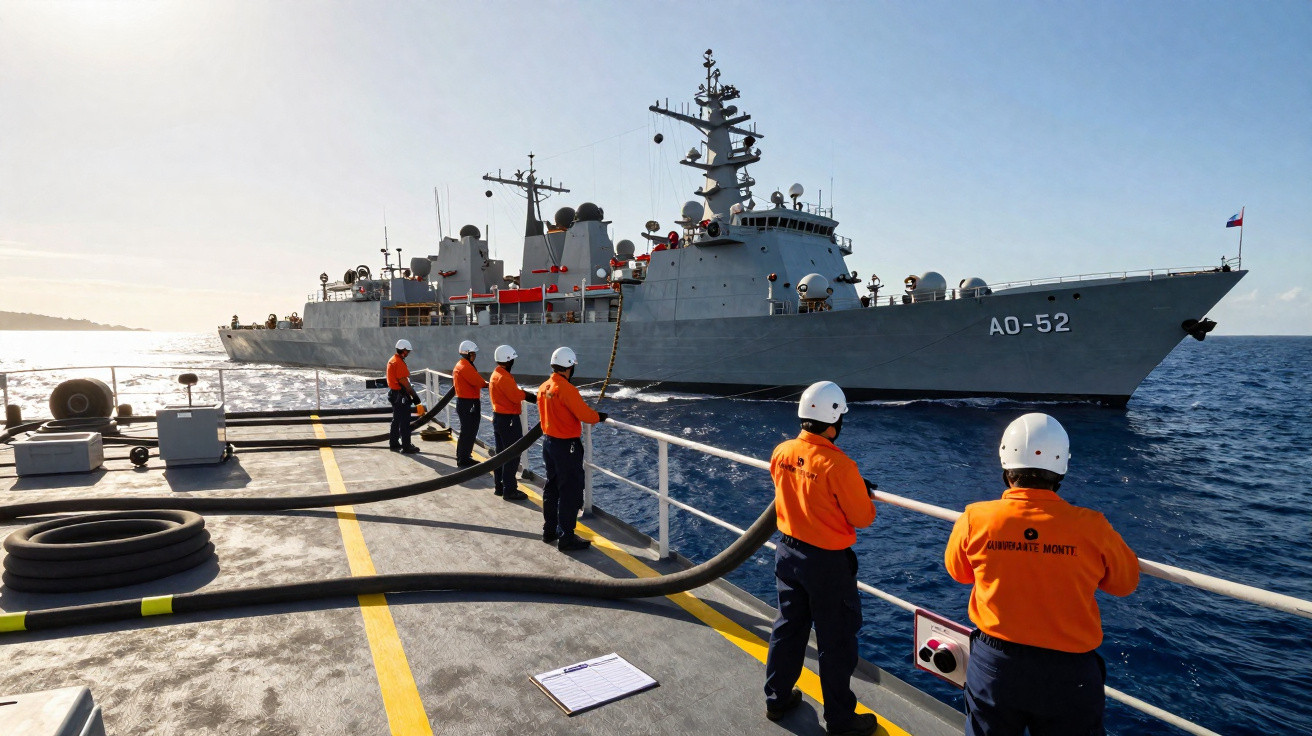Besatzungsmitglieder in Schutzhelmen und orangen Jacken auf Schiff mit Schlauchleitungen im Einsatz neben Kriegsschiff AO-52
