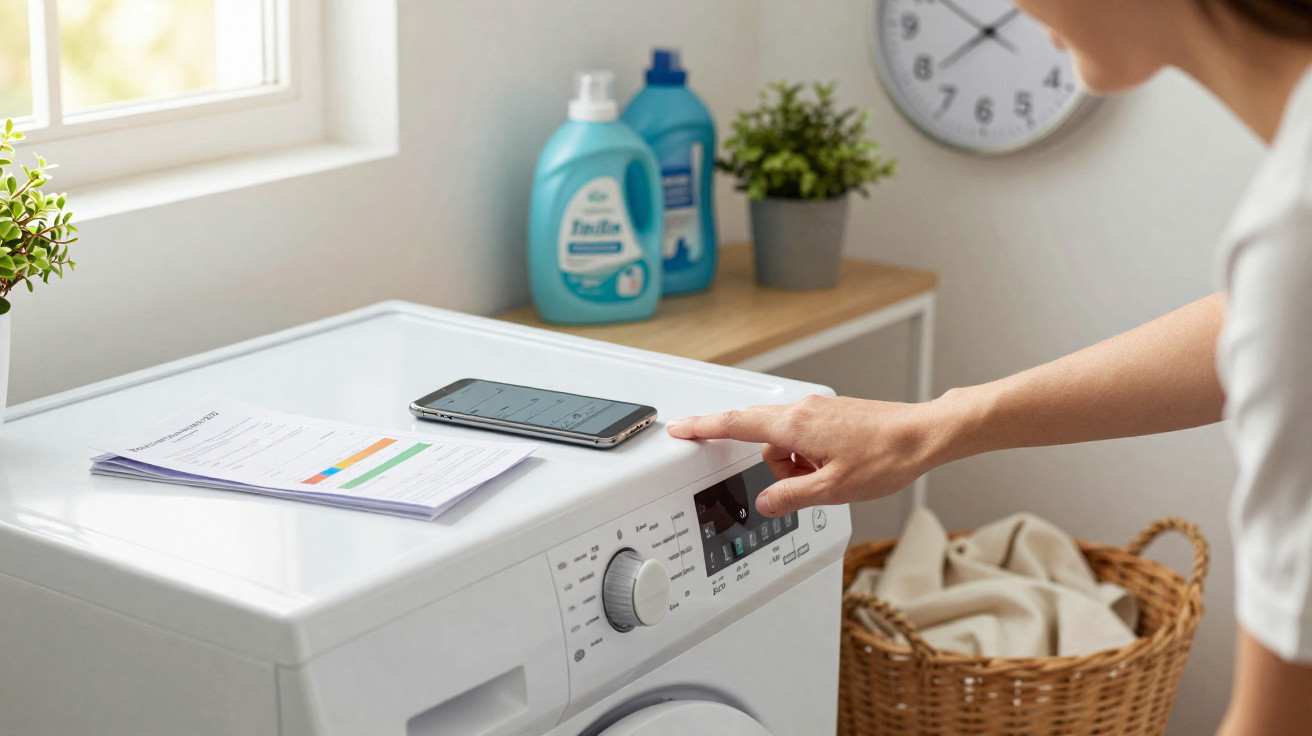 Person bedient Waschmaschine in hellem Waschraum mit Wäschekorb, Waschmitteln und Smartphone auf der Maschine.