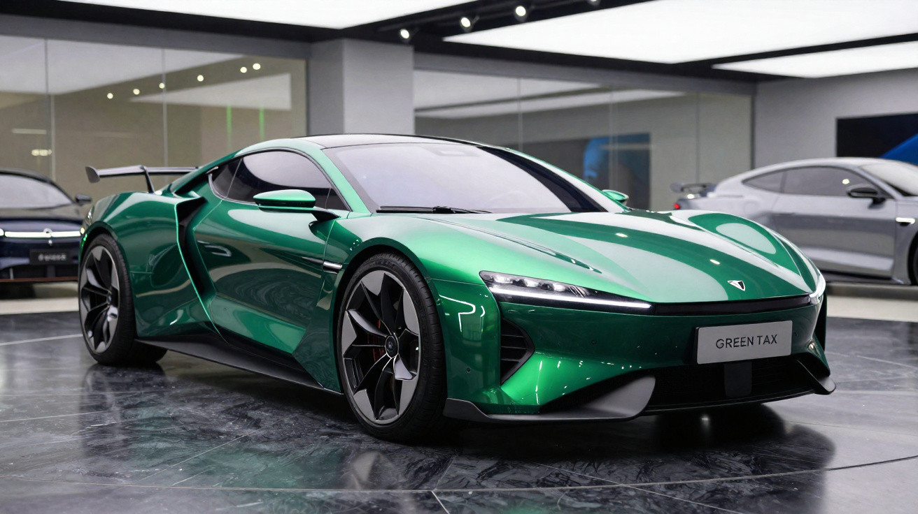 Grüner, futuristischer Sportwagen im Showroom mit aerodynamischem Design und schwarzen Felgen.