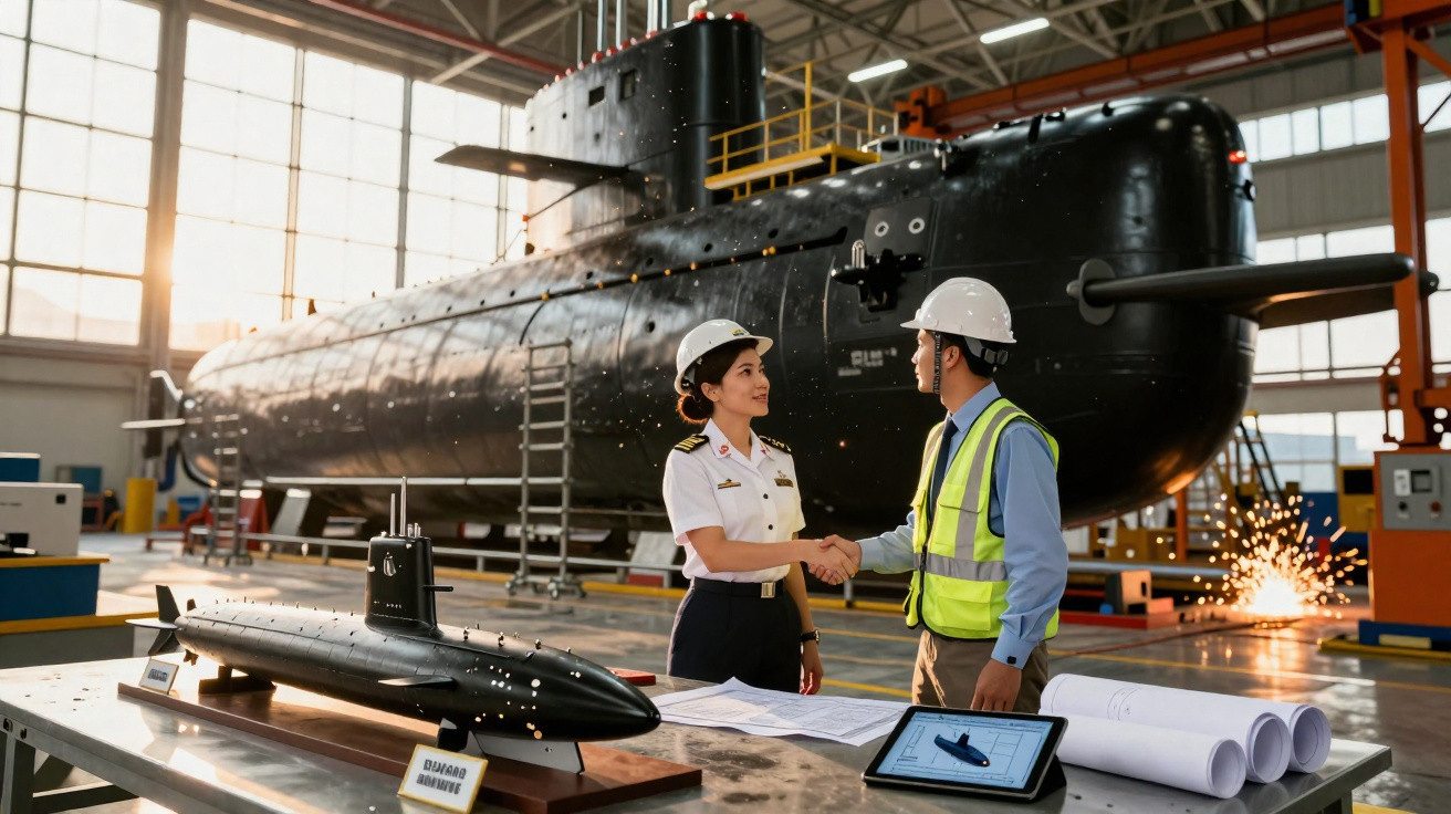 Zwei Ingenieure mit Helm schütteln sich vor großem U-Boot und Modell im Werftgebäude die Hand.