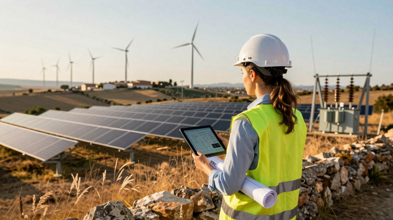 Ingenieurin mit Schutzhelm und Warnweste prüft Tablet vor Solarpanelen und Windrädern auf dem Feld.