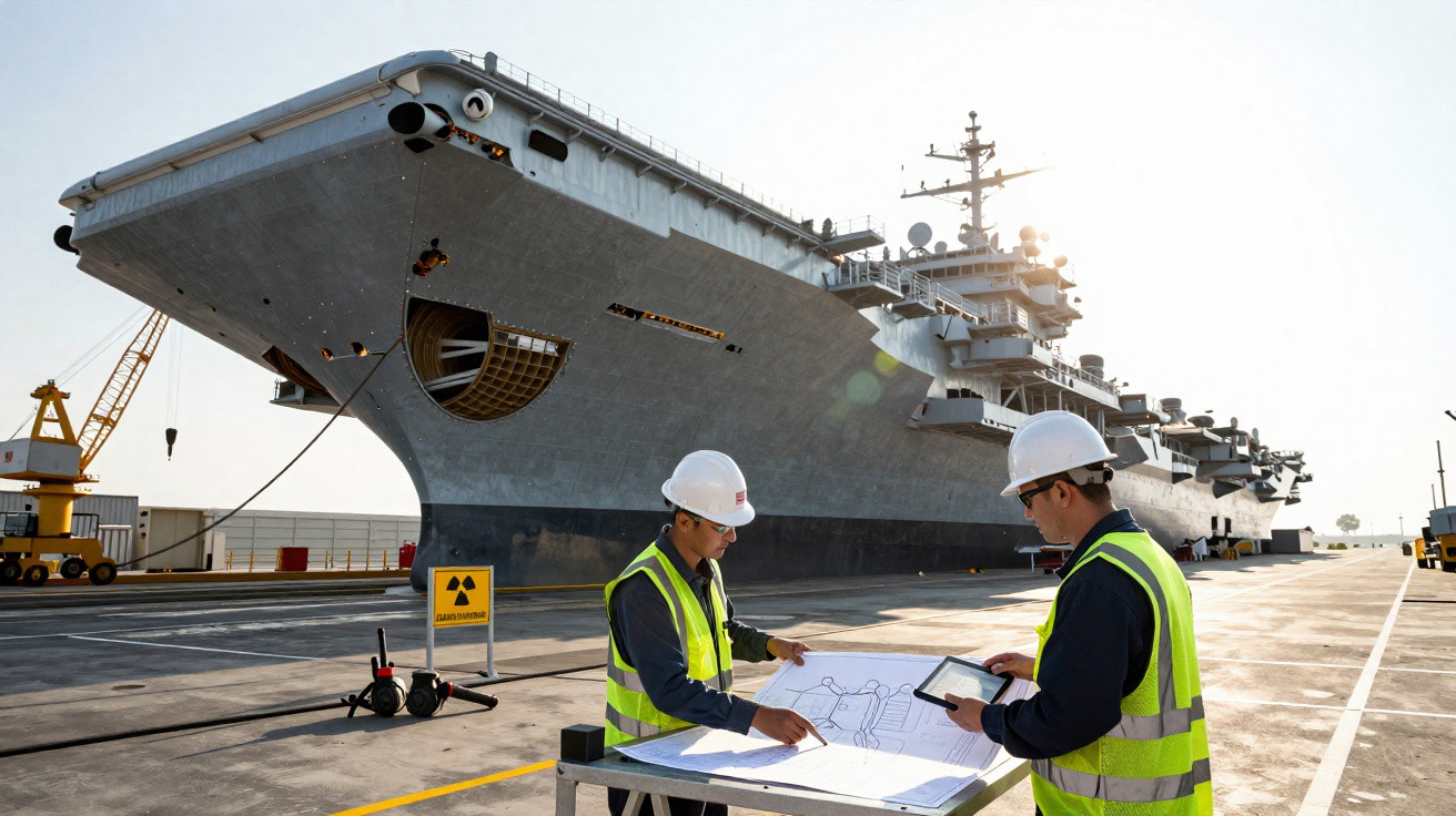 Zwei Ingenieure mit Schutzhelmen und Warnwesten prüfen Pläne vor einem großen Flugzeugträger im Hafen.